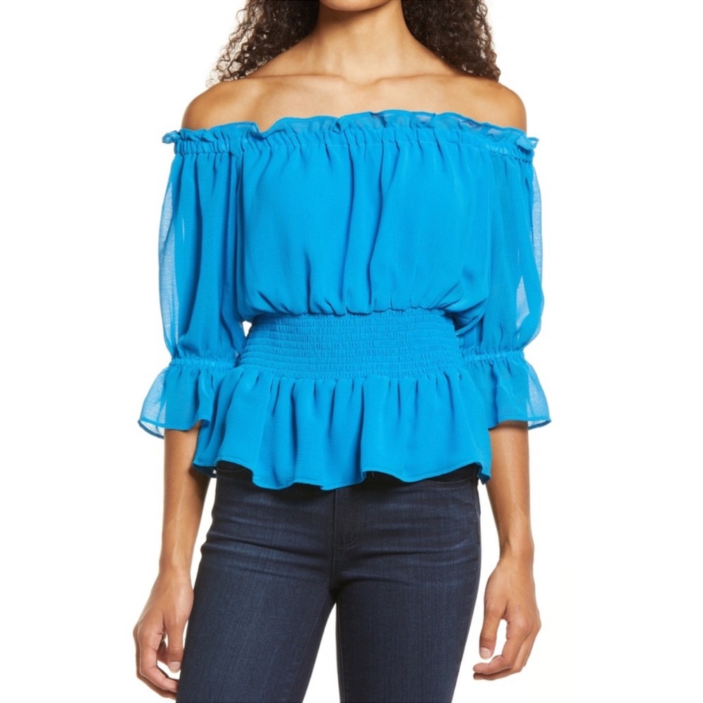 CeCe off the shoulder blouse in Santorini blue - size Small